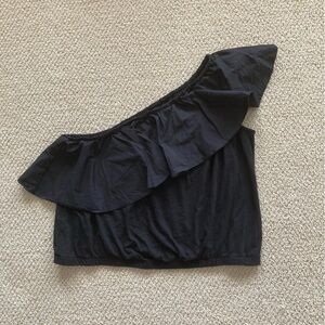 A New Day One Shoulder Black Cropped Blouse Size Large Cotton Blend Stretch EUC